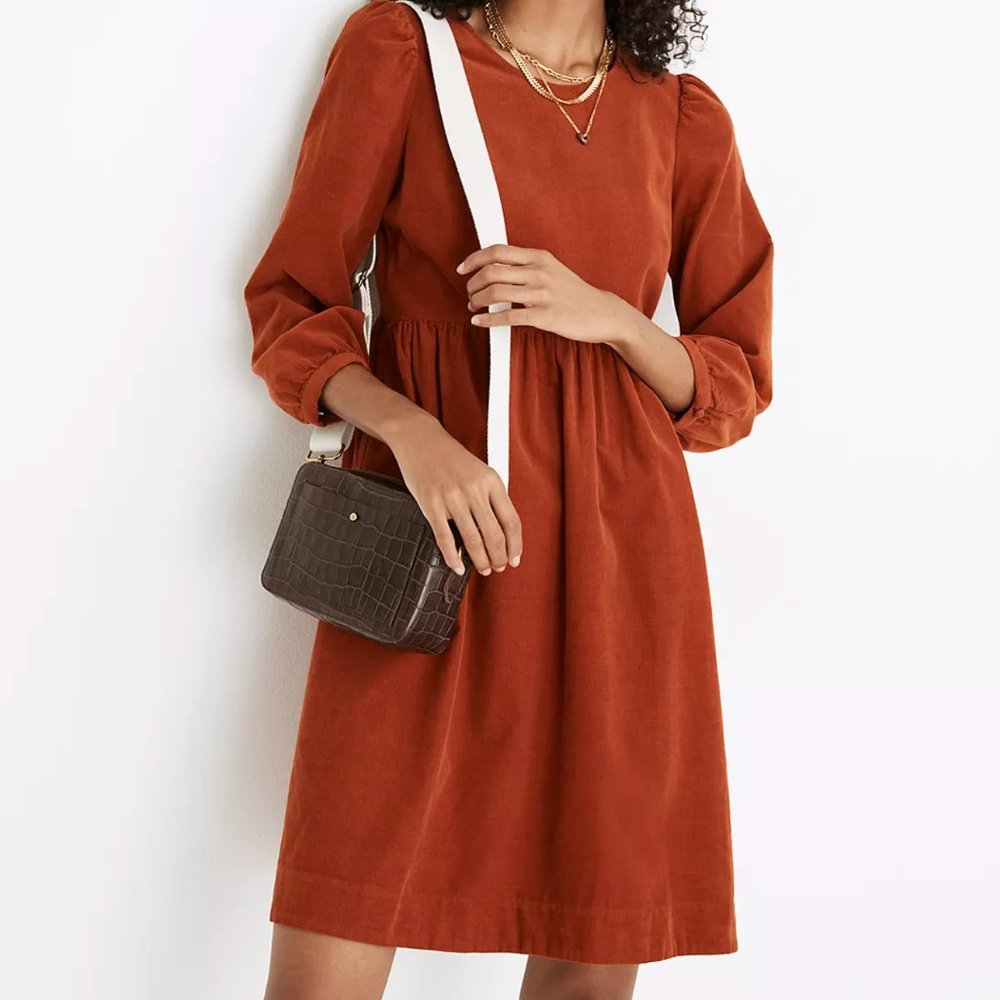 Madewell Faded Rust Corduroy Puff-Sleeve Mini Dress Size Small